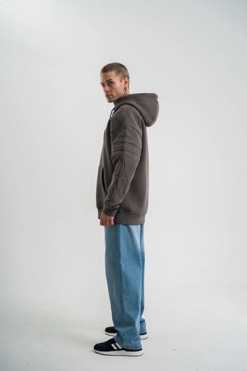 Erkek Nakışlı Kapüşonlu Oversize 3 İplik Pamuklu SweatShirt Hoodie - Füme