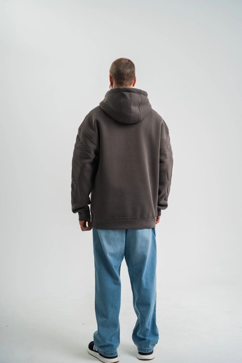 Erkek Nakışlı Kapüşonlu Oversize 3 İplik Pamuklu SweatShirt Hoodie - Füme