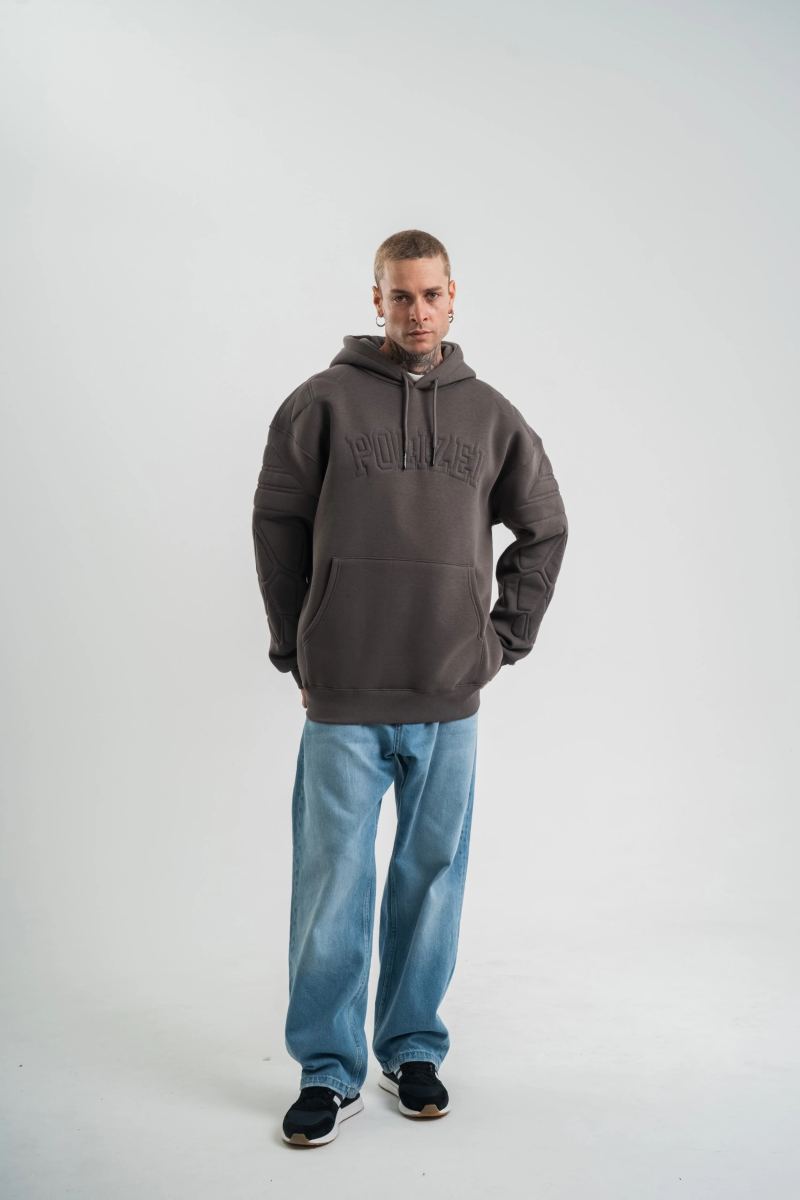 Erkek Nakışlı Kapüşonlu Oversize 3 İplik Pamuklu SweatShirt Hoodie - Füme