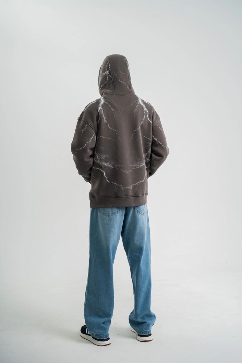 Erkek Baskılı Kapüşonlu Oversize 3 İplik Pamuklu SweatShirt Hoodie - Füme