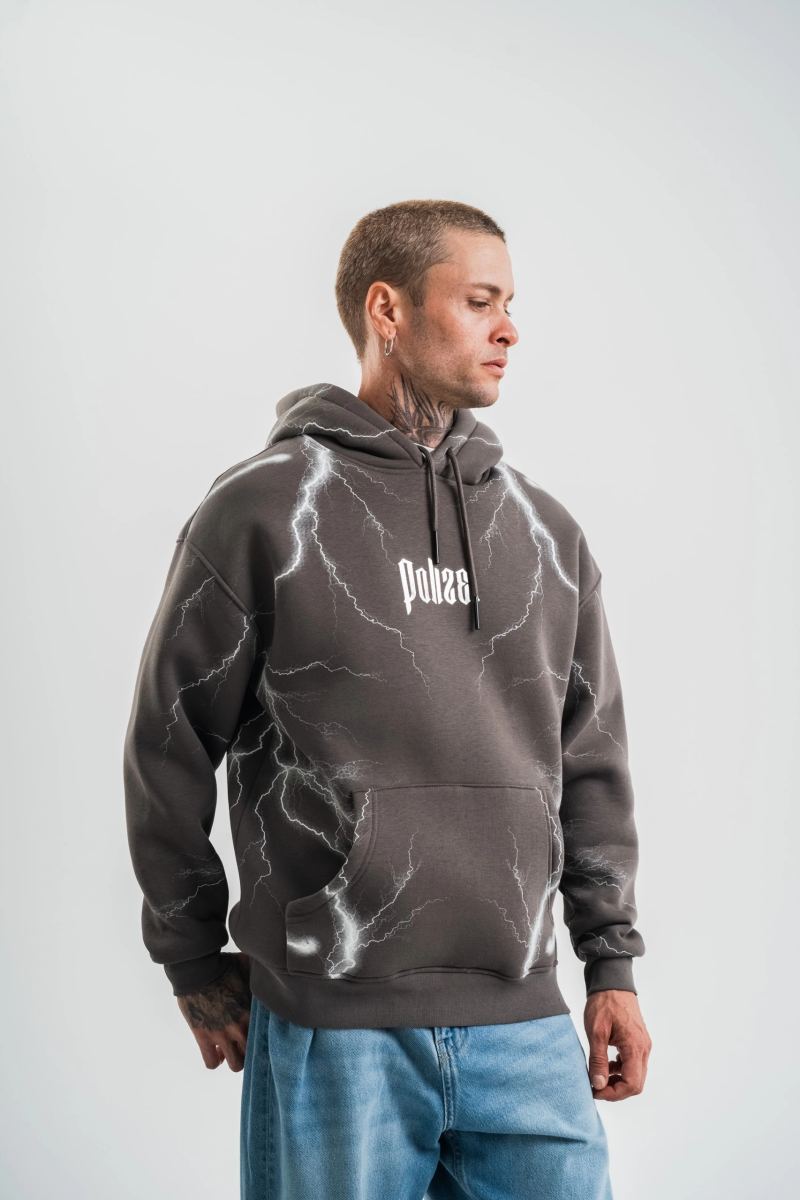 Erkek Baskılı Kapüşonlu Oversize 3 İplik Pamuklu SweatShirt Hoodie - Füme