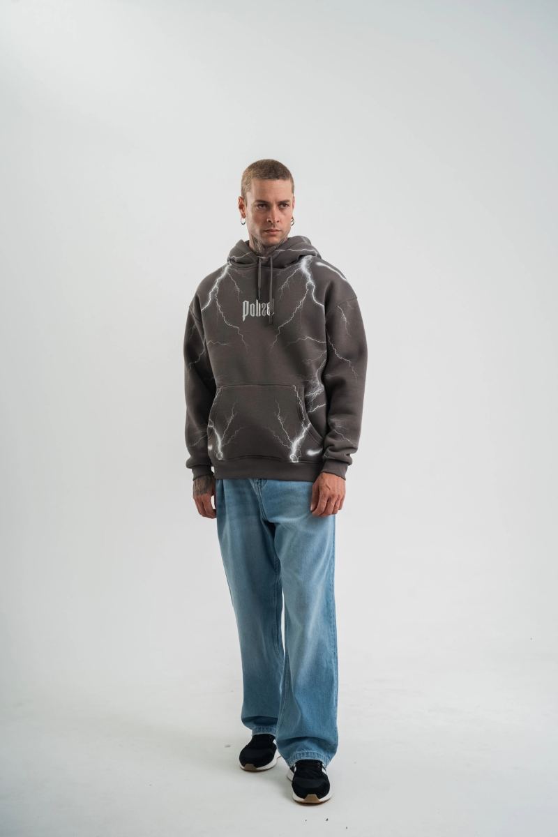 Erkek Baskılı Kapüşonlu Oversize 3 İplik Pamuklu SweatShirt Hoodie - Füme