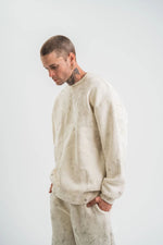 Erkek 3 İplik Pamuklu Yağ Yıkamalı Bisiklet Yaka Sweatshirt Oversize Hoodie - Krem