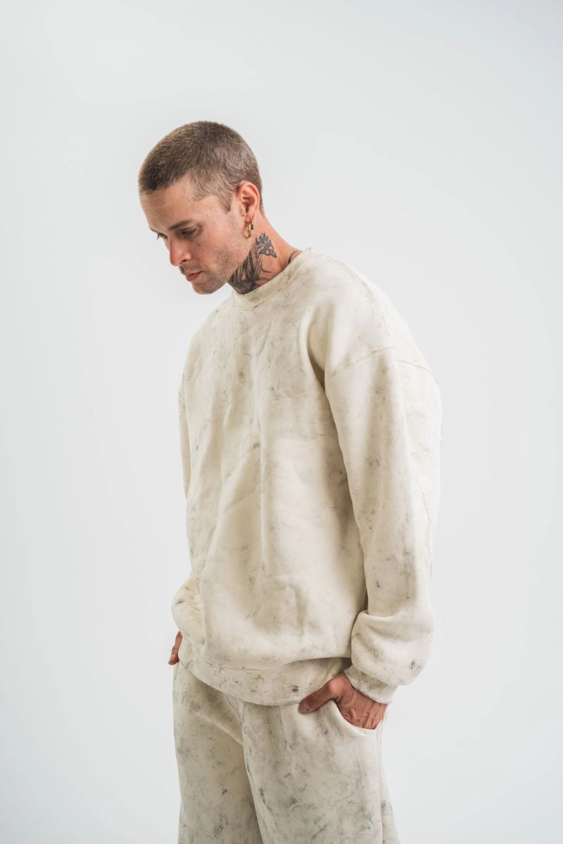 Erkek 3 İplik Pamuklu Yağ Yıkamalı Bisiklet Yaka Sweatshirt Oversize Hoodie - Krem