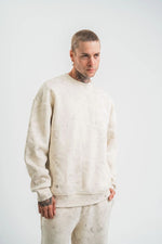 Erkek 3 İplik Pamuklu Yağ Yıkamalı Bisiklet Yaka Sweatshirt Oversize Hoodie - Krem