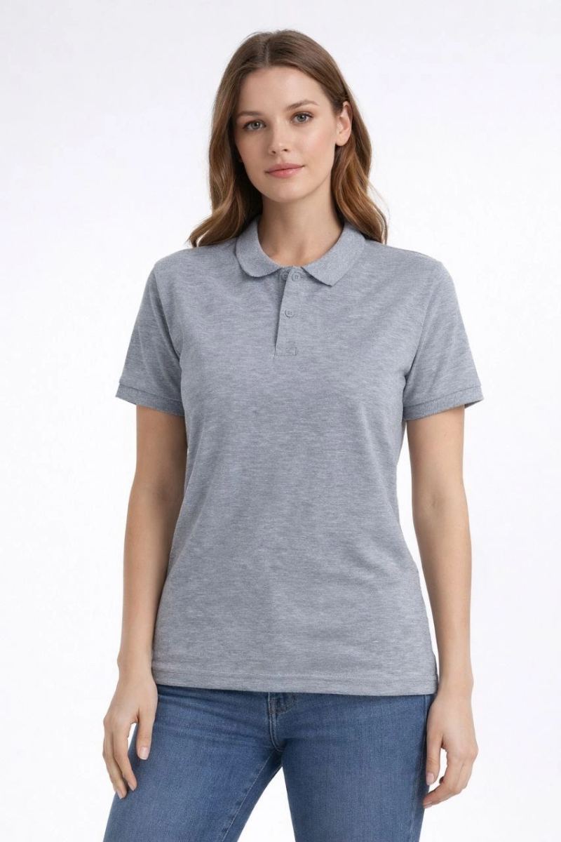 Kadın Polo Yaka Tişört Pike Kumaş Kısa Kol Regular Fit Yazlık T-Shirt - Gri