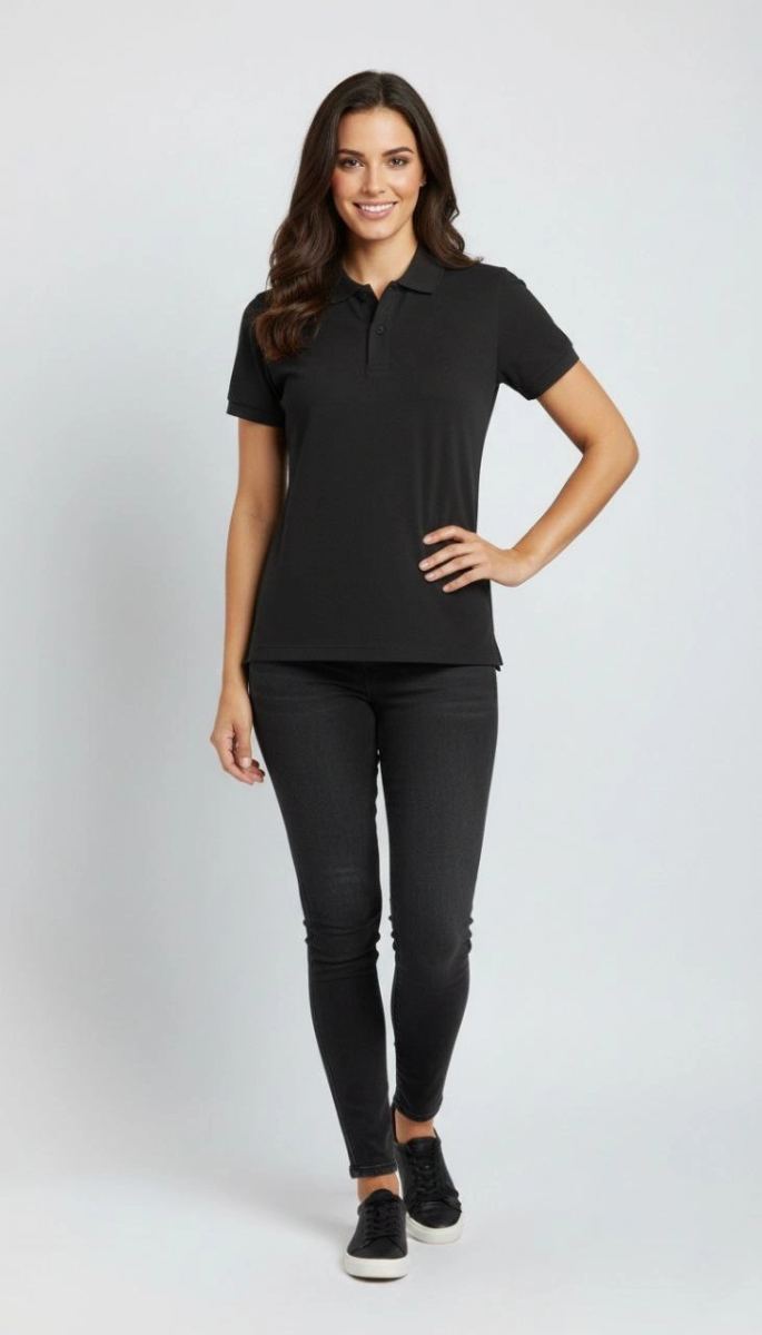 Kadın Polo Yaka Tişört Pike Kumaş Kısa Kol Regular Fit Yazlık T-Shirt - Siyah
