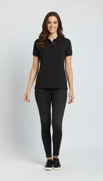 Kadın Polo Yaka Tişört Pike Kumaş Kısa Kol Regular Fit Yazlık T-Shirt - Siyah