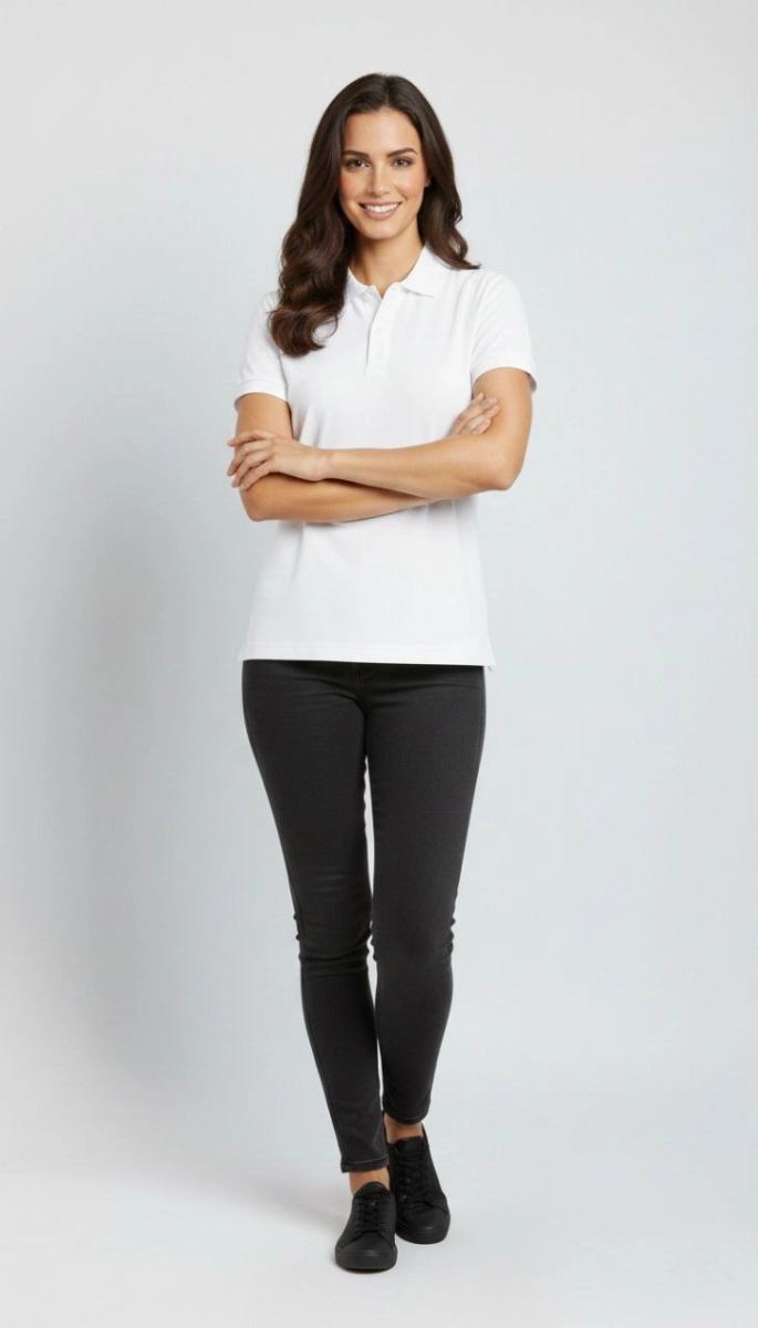Kadın Polo Yaka Tişört Pike Kumaş Kısa Kol Regular Fit Yazlık T-Shirt - Beyaz