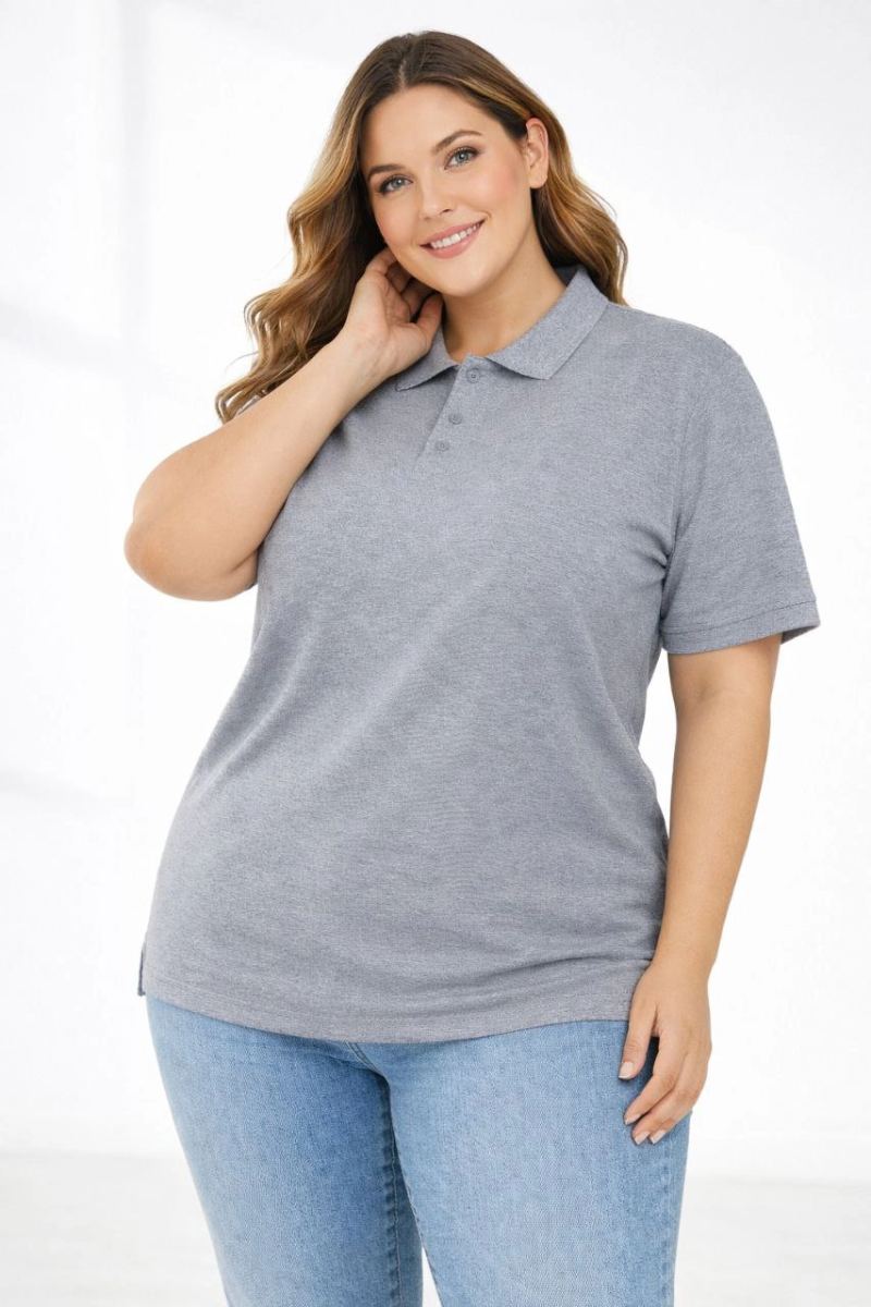 Kadın Battal Beden Tişört Polo Yaka Pike Kumaş Kısa Kol T-Shirt - Gri