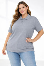 Kadın Battal Beden Tişört Polo Yaka Pike Kumaş Kısa Kol T-Shirt - Gri