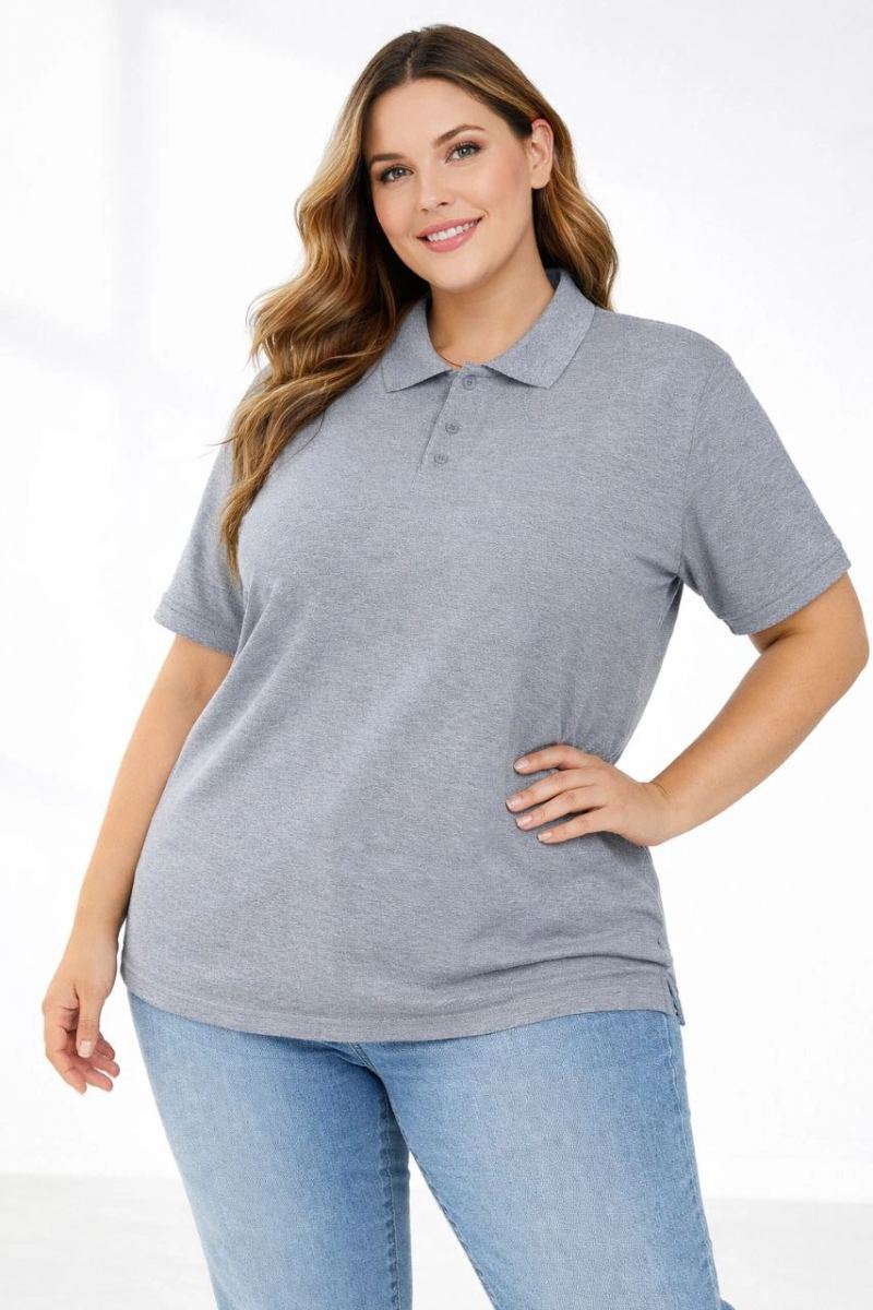 Kadın Battal Beden Tişört Polo Yaka Pike Kumaş Kısa Kol T-Shirt - Gri