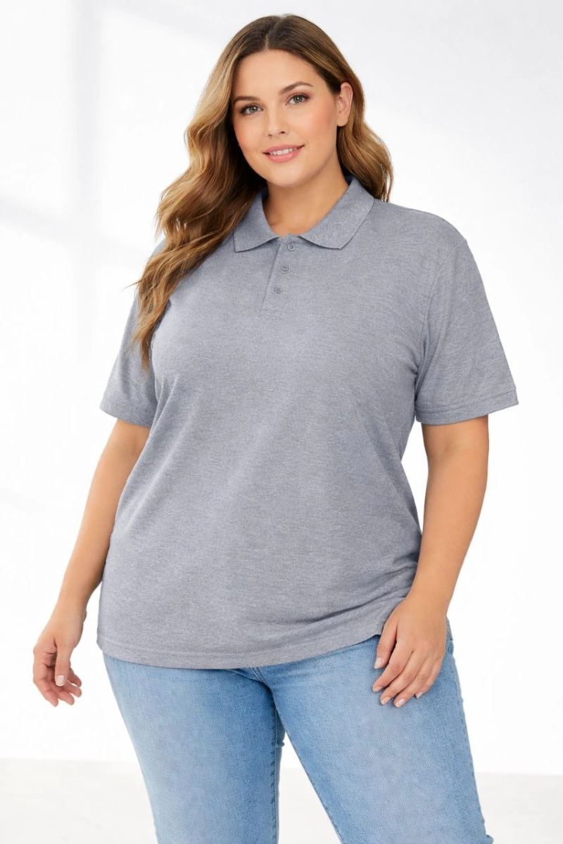 Kadın Battal Beden Tişört Polo Yaka Pike Kumaş Kısa Kol T-Shirt - Gri
