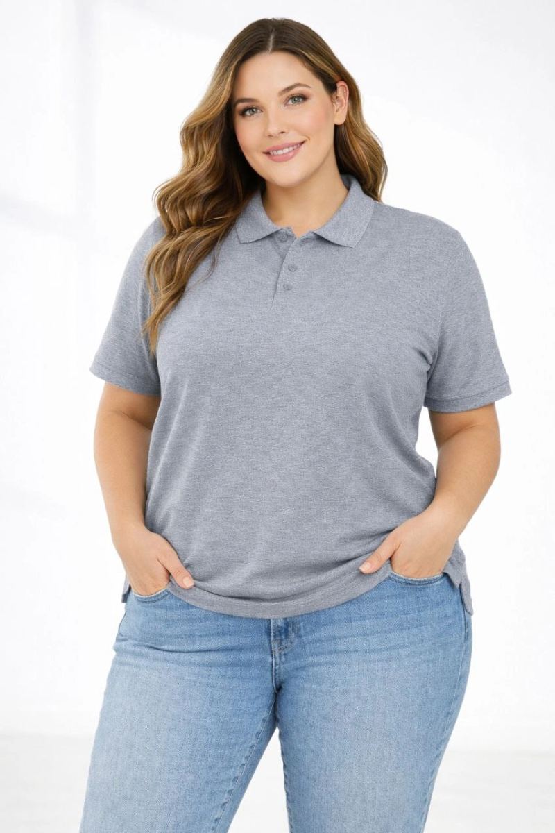 Kadın Battal Beden Tişört Polo Yaka Pike Kumaş Kısa Kol T-Shirt - Gri
