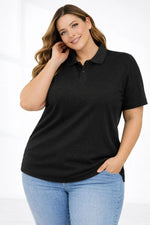 Kadın Battal Beden Tişört Polo Yaka Pike Kumaş Kısa Kol T-Shirt - Siyah