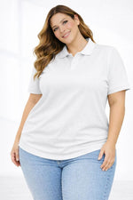 Kadın Battal Beden Tişört Polo Yaka Pike Kumaş Kısa Kol T-Shirt - Beyaz