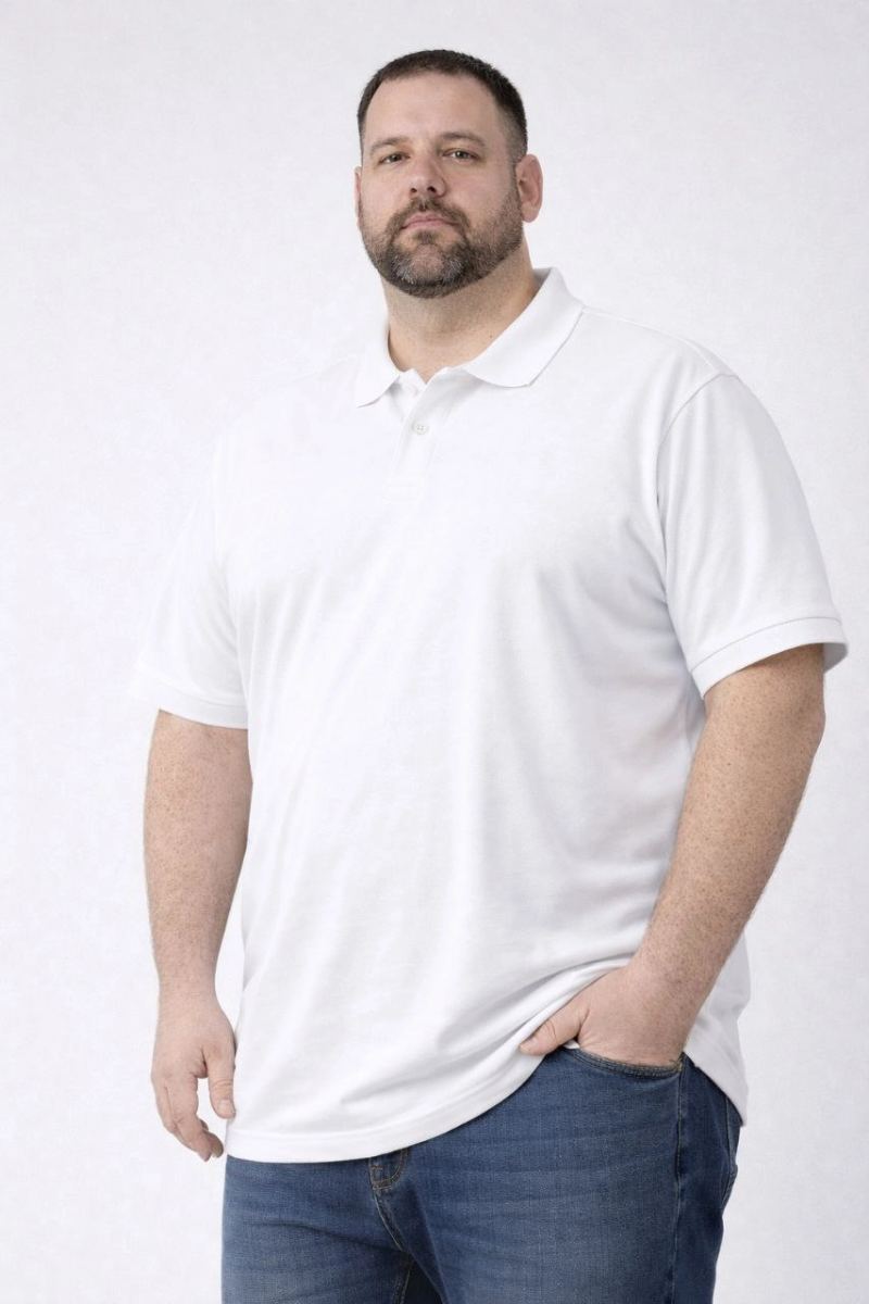 Erkek Polo Yaka Düğmeli Tişört Pike Kumaş Battal Beden Kısa Kol T-Shirt - Beyaz