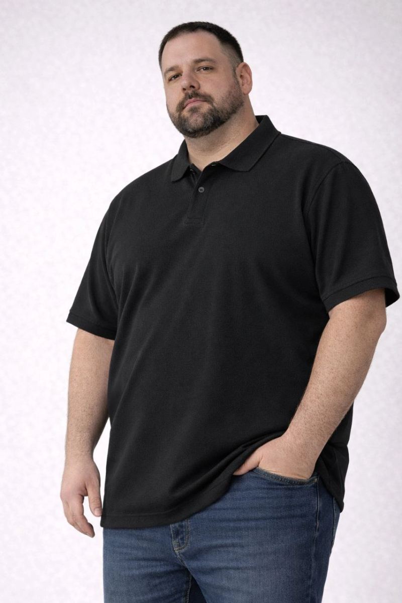 Erkek Polo Yaka Düğmeli Tişört Pike Kumaş Battal Beden Kısa Kol T-Shirt - Siyah