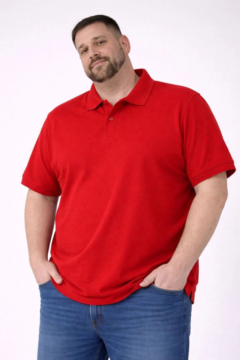 Erkek Polo Yaka Düğmeli Pike Kumaş Battal Beden Kısa Kol Tişört T-Shirt - Kırmızı