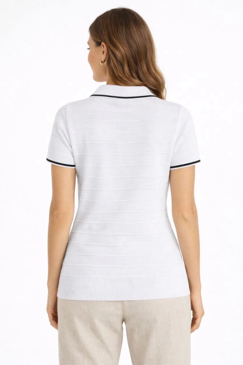 Kadın Yazlık Dokuma Triko Tişört Düğmesiz Polo Yaka Kısa Kol T-Shirt - Beyaz