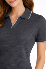 Kadın Yazlık Dokuma Triko Tişört Düğmesiz Polo Yaka Kısa Kol T-Shirt - Siyah