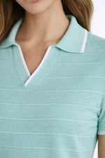 Kadın Yazlık Dokuma Triko Tişört Düğmesiz Polo Yaka Kısa Kol T-Shirt - Mint Yeşili