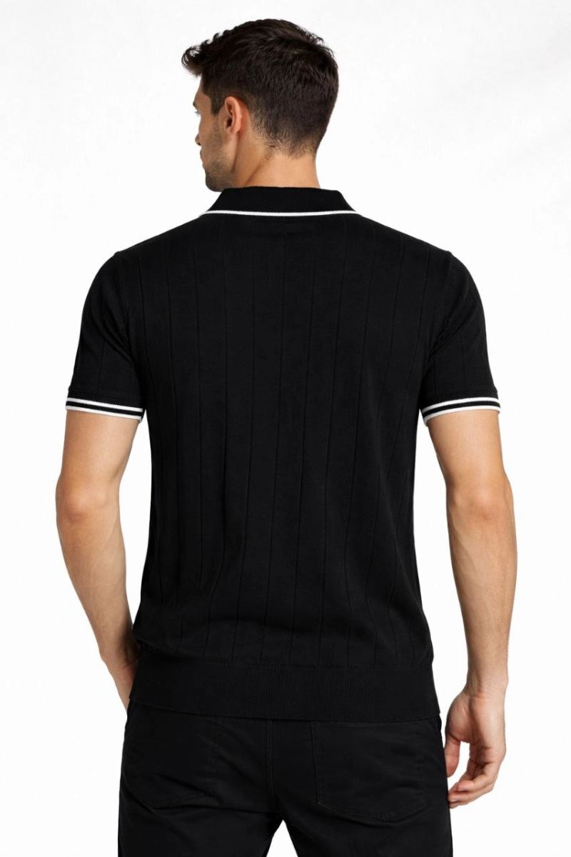 Erkek Yazlık Dokuma Triko Tişört Fermuarlı Polo Yaka Kısa Kol T-Shirt - Siyah