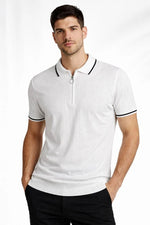Erkek Yazlık Dokuma Triko Tişört Fermuarlı Polo Yaka Kısa Kol T-Shirt - Beyaz