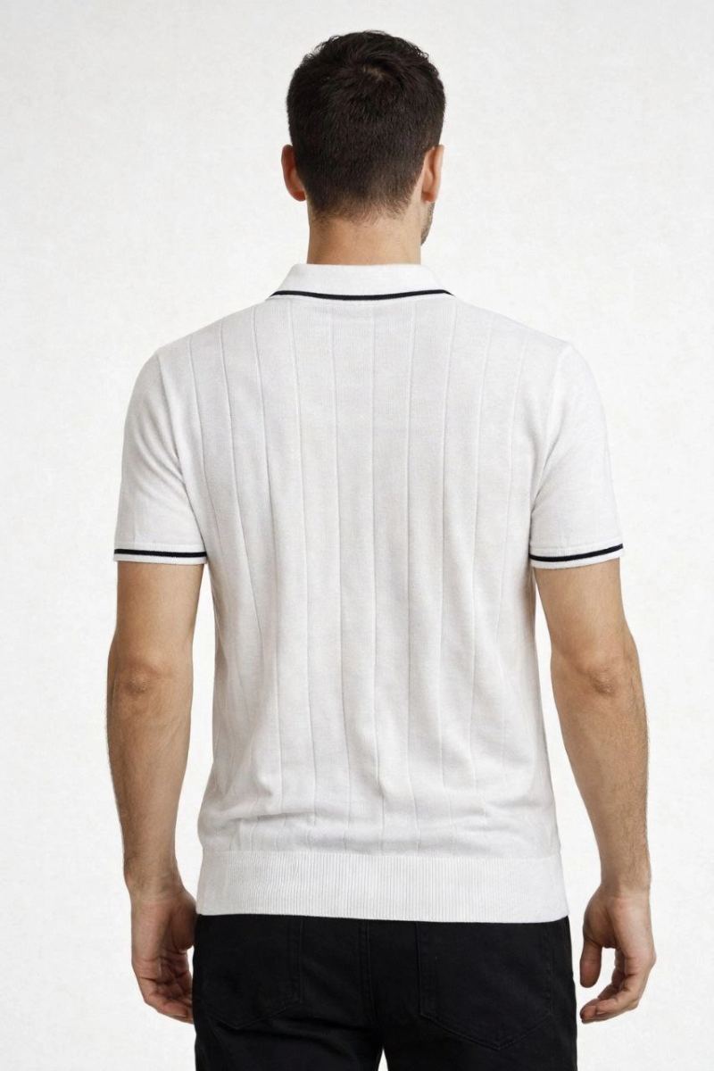 Erkek Yazlık Dokuma Triko Tişört Fermuarlı Polo Yaka Kısa Kol T-Shirt - Beyaz