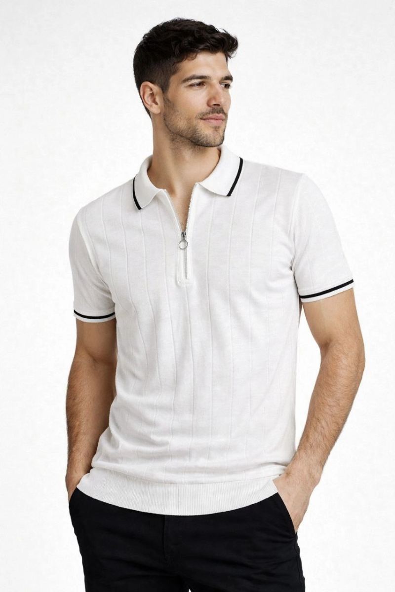 Erkek Yazlık Dokuma Triko Tişört Fermuarlı Polo Yaka Kısa Kol T-Shirt - Beyaz