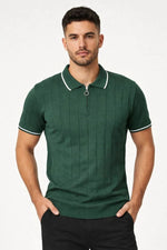 Erkek Yazlık Dokuma Triko Tişört Fermuarlı Polo Yaka Kısa Kol T-Shirt - Yeşil