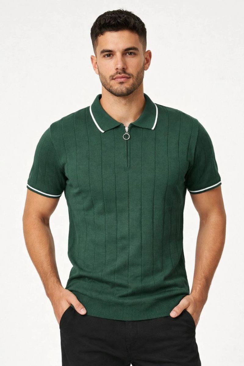 Erkek Yazlık Dokuma Triko Tişört Fermuarlı Polo Yaka Kısa Kol T-Shirt - Yeşil