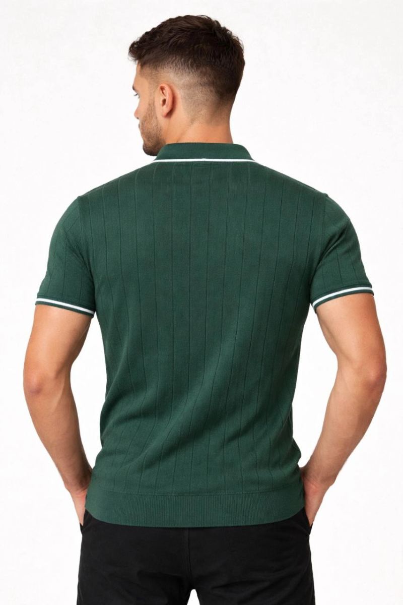 Erkek Yazlık Dokuma Triko Tişört Fermuarlı Polo Yaka Kısa Kol T-Shirt - Yeşil