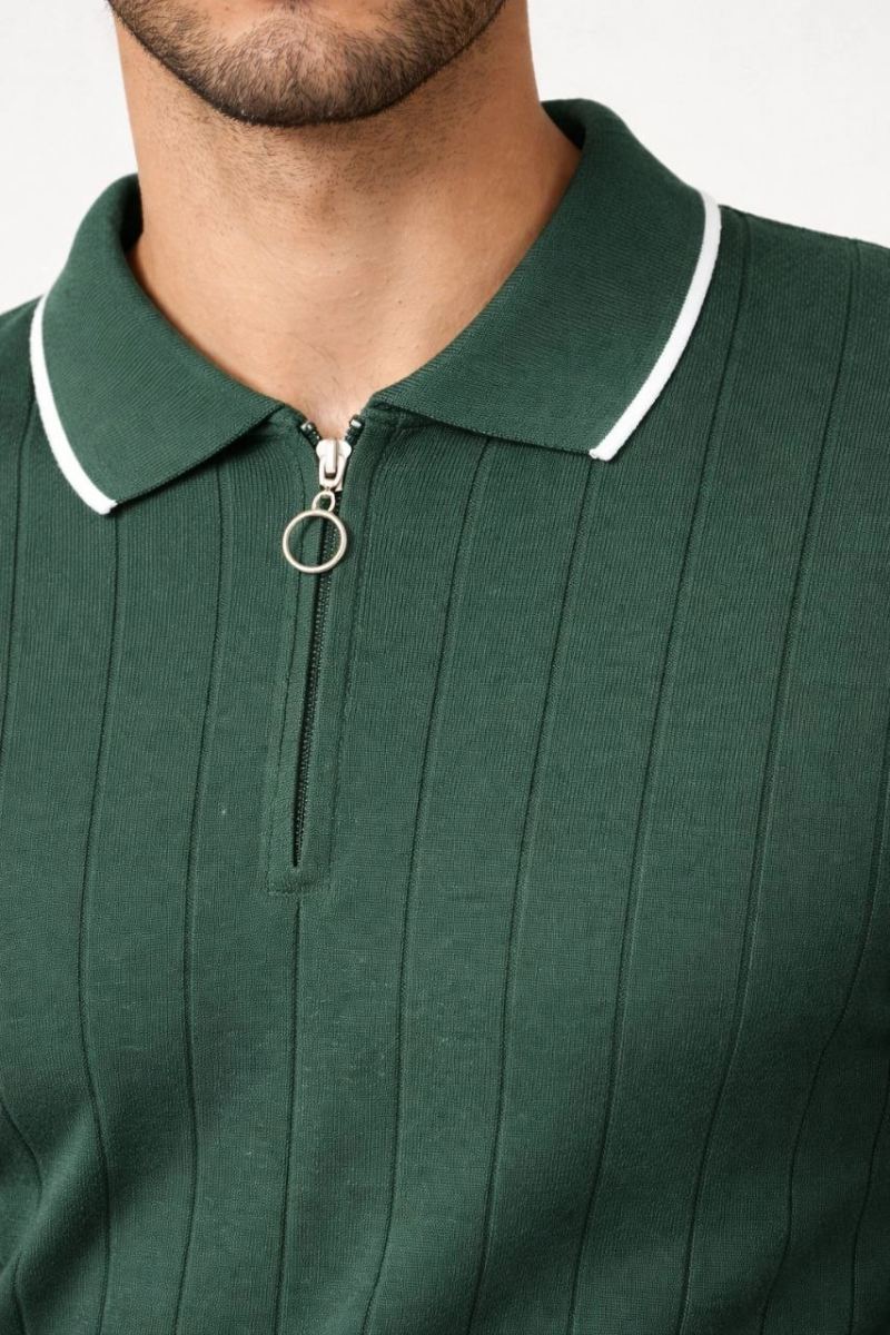 Erkek Yazlık Dokuma Triko Tişört Fermuarlı Polo Yaka Kısa Kol T-Shirt - Yeşil
