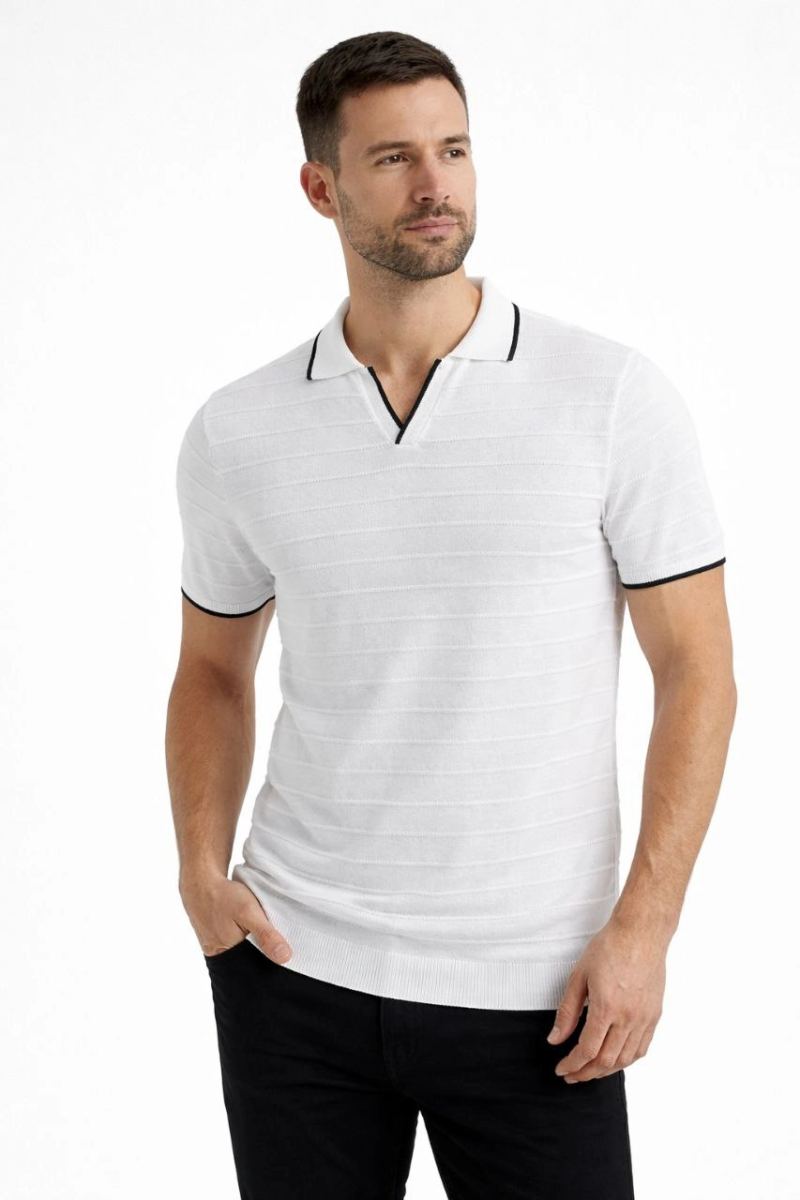 Erkek Yazlık Dokuma Triko Tişört Düğmesiz  Polo Yaka Kısa Kol T-Shirt - Beyaz