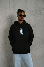 Erkek Survivor Penguin Baskılı 3 İplik Pamuklu Kapüşonlu Sweatshirt Hoodie Siyah