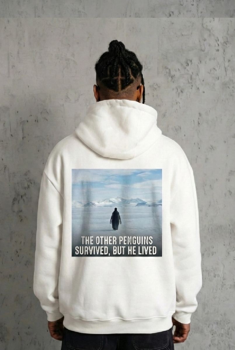 Erkek Survivor Penguin Baskılı 3 İplik Pamuklu Kapüşonlu Sweatshirt Hoodie Beyaz