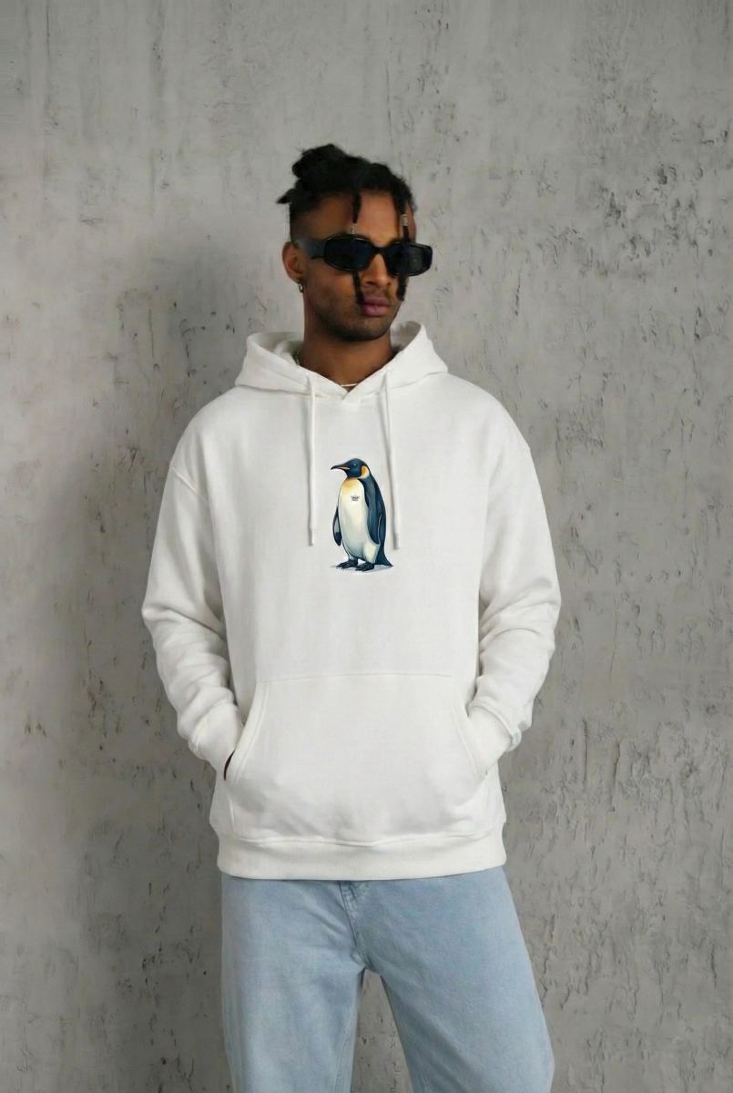 Erkek Survivor Penguin Baskılı 3 İplik Pamuklu Kapüşonlu Sweatshirt Hoodie Beyaz