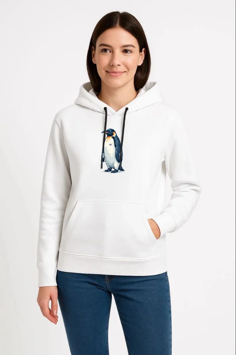 Kadın 3 İplik Pamuklu Kapüşonlu Hoodie Sweatshirt Survivor Penguen Baskılı - Beyaz