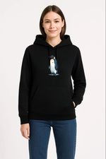 Kadın 3 İplik Pamuklu Kapüşonlu Hoodie Sweatshirt Survivor Penguen Baskılı - Siyah
