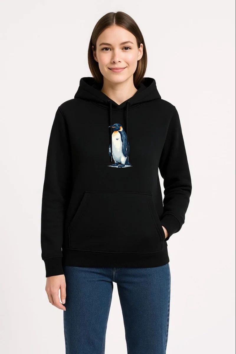 Kadın 3 İplik Pamuklu Kapüşonlu Hoodie Sweatshirt Survivor Penguen Baskılı - Siyah