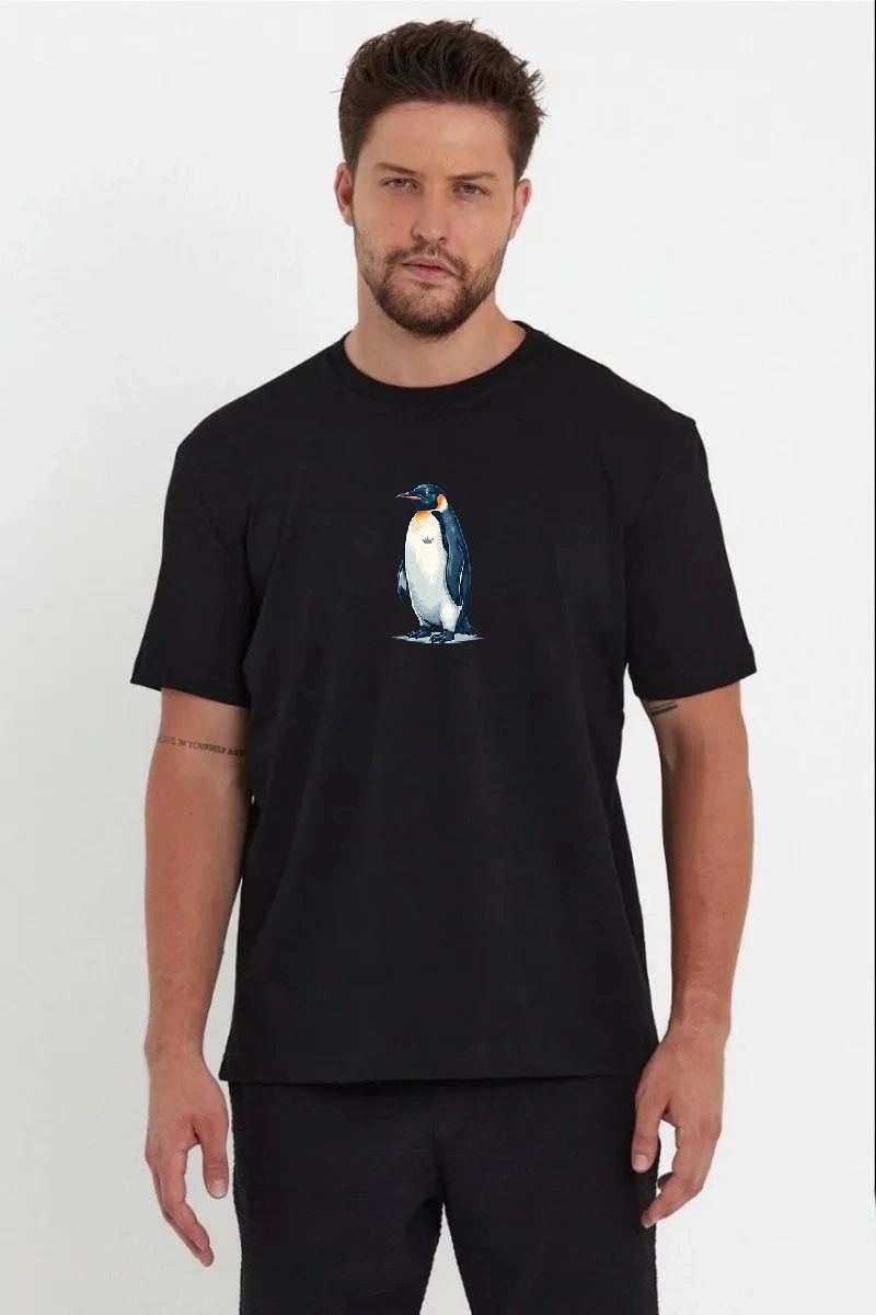 Erkek T-Shirt Penguen Baskılı Bisiklet Yaka Kısa kol yazlık Tişört - Siyah