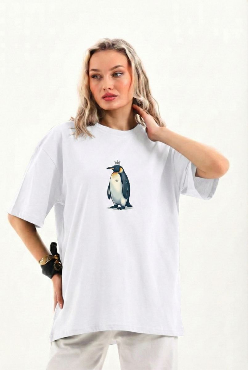 Kadın T-Shirt Penguen Baskılı Bisiklet Yaka Kısa kol yazlık Tişört - Beyaz