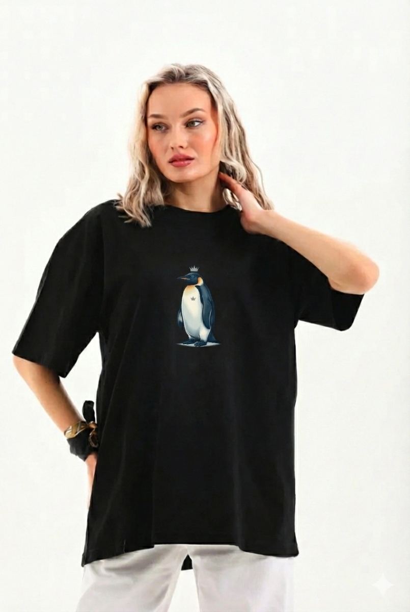 Kadın T-Shirt Penguen Baskılı Bisiklet Yaka Kısa kol yazlık Tişört - Siyah