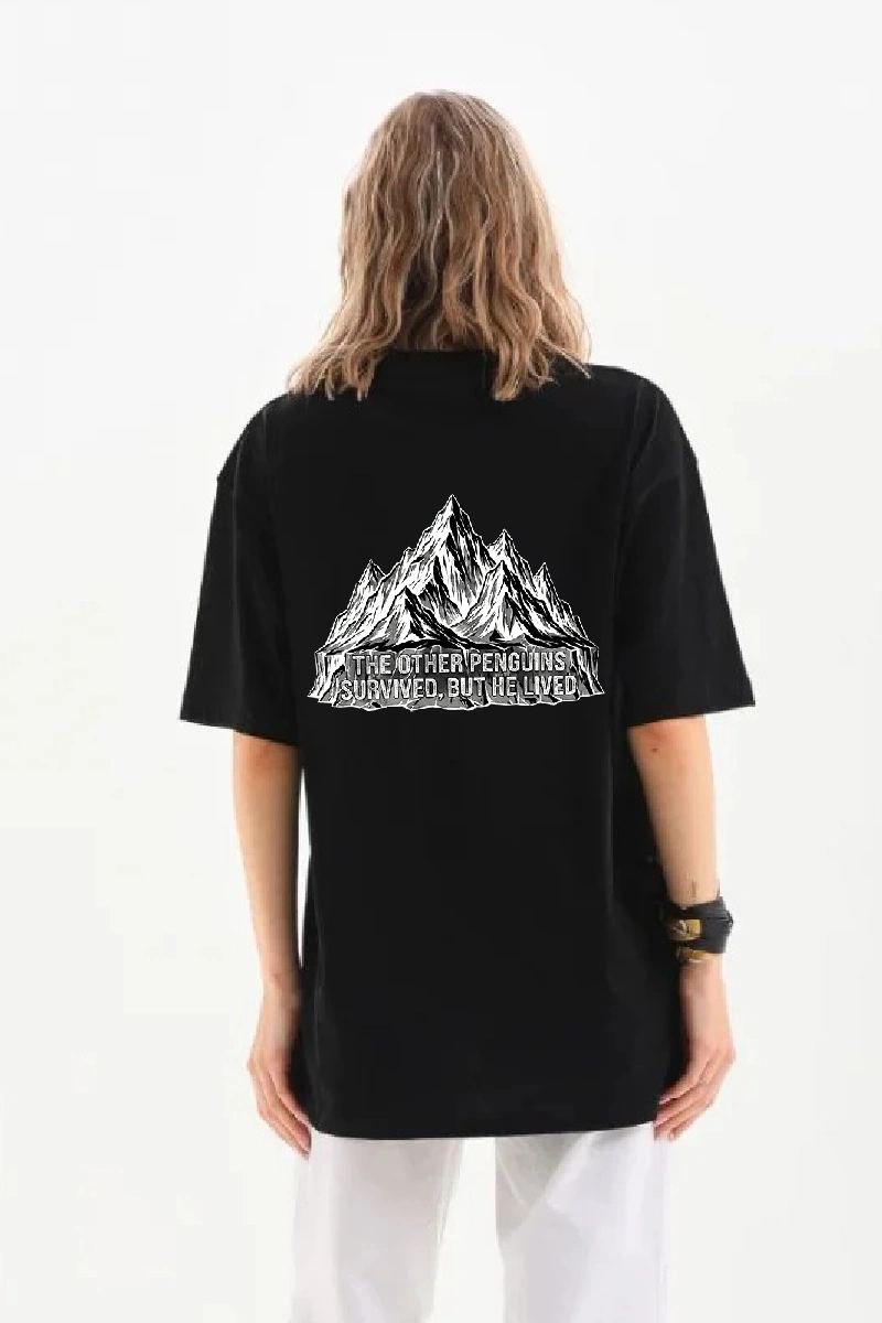 Kadın T-Shirt Penguen Baskılı Bisiklet Yaka Kısa kol yazlık Tişört - Siyah