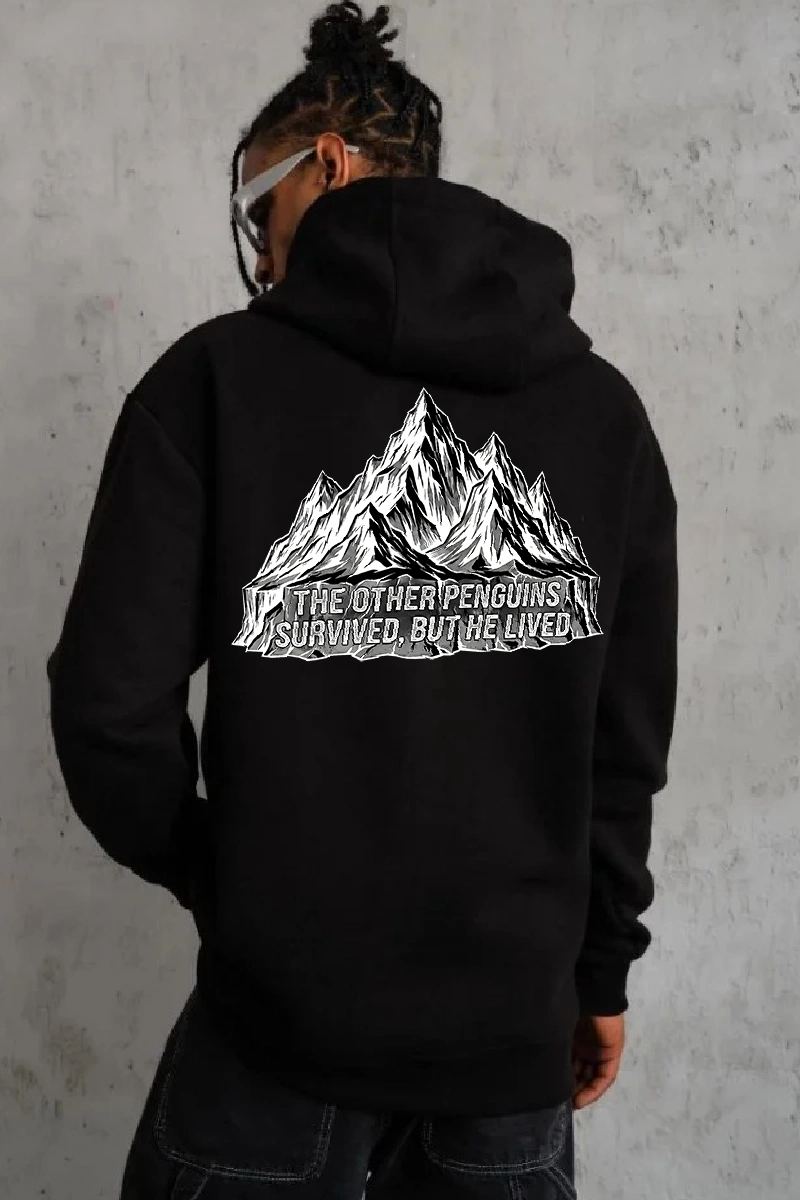 Erkek Nihilist Penguen Baskılı 3 İplik Pamuklu Kapüşonlu Sweatshirt Hoodie Siyah