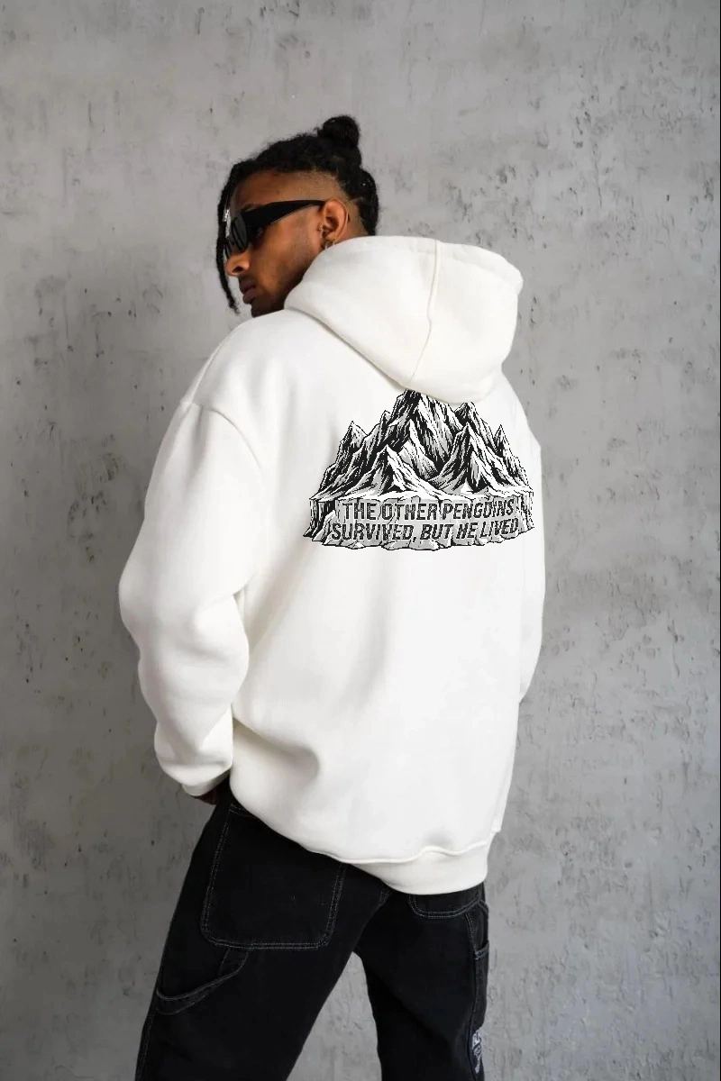 Erkek Nihilist Penguen Baskılı 3 İplik Pamuklu Kapüşonlu Sweatshirt Hoodie Beyaz