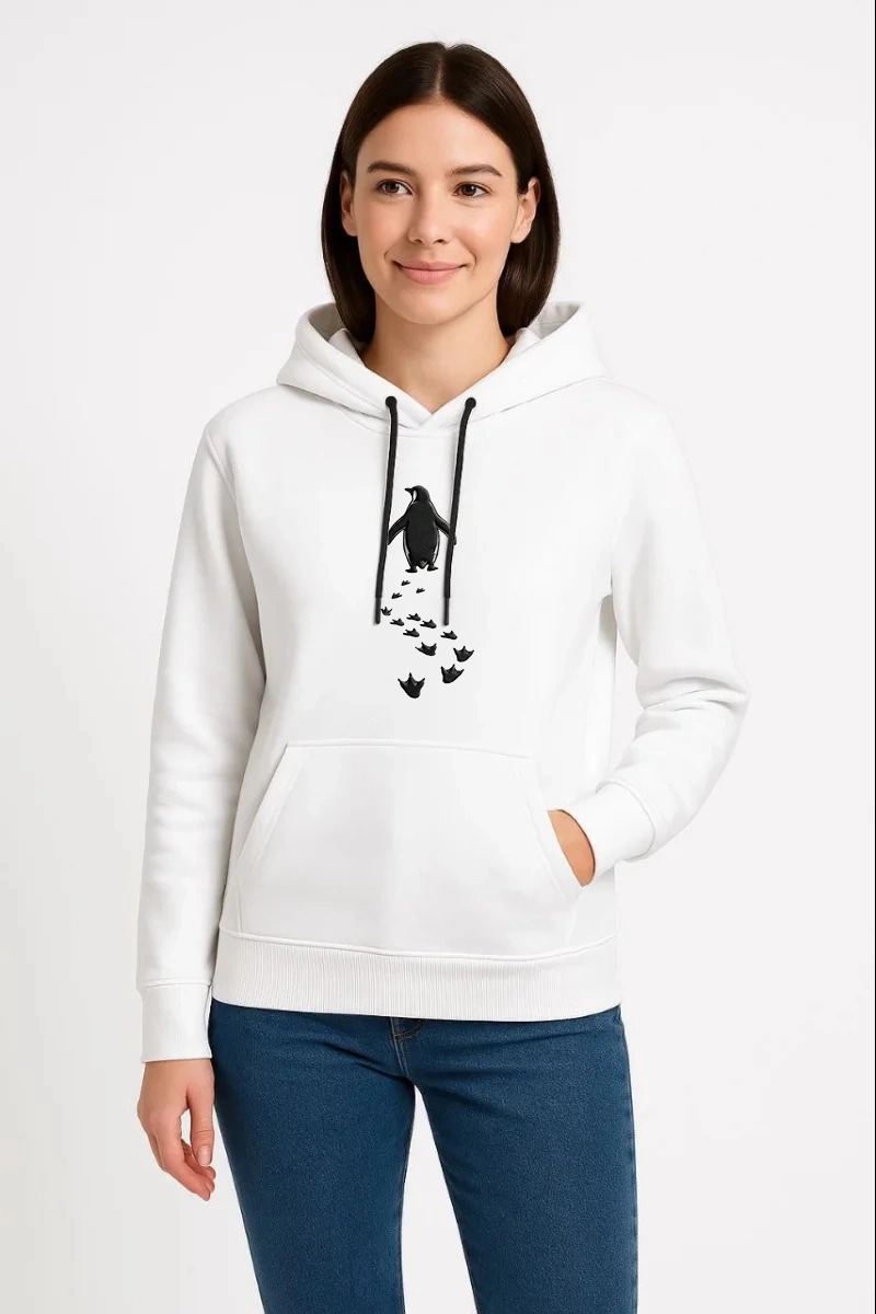 Kadın 3 İplik Pamuklu Kapüşonlu Hoodie Sweatshirt Nihilist Penguen Baskılı - Beyaz