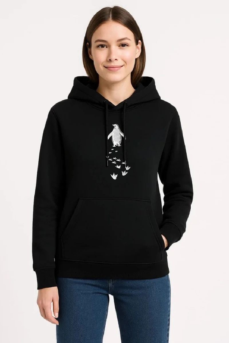 Kadın 3 İplik Pamuklu Kapüşonlu Hoodie Sweatshirt Nihilist Penguen Baskılı - Siyah