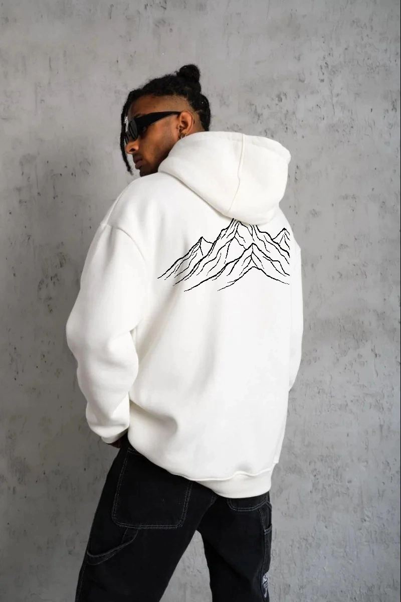 Erkek Nihilist Penguen Baskılı 3 İplik Pamuklu Kapüşonlu Sweatshirt Hoodie Beyaz